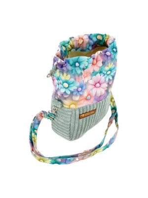 Torebka Sakiewka Sztruksowa Zielona z Motywem Pastelowych Kwiatów – Handmade