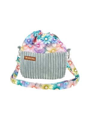 Torebka Sakiewka Sztruksowa Zielona z Motywem Pastelowych Kwiatów – Handmade