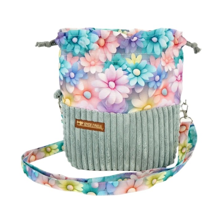 Torebka Sakiewka Sztruksowa Zielona z Motywem Pastelowych Kwiatów – Handmade Torebka Sakiewka Sztruksowa Zielona z Motywem Pastelowych Kwiatów – Handmade