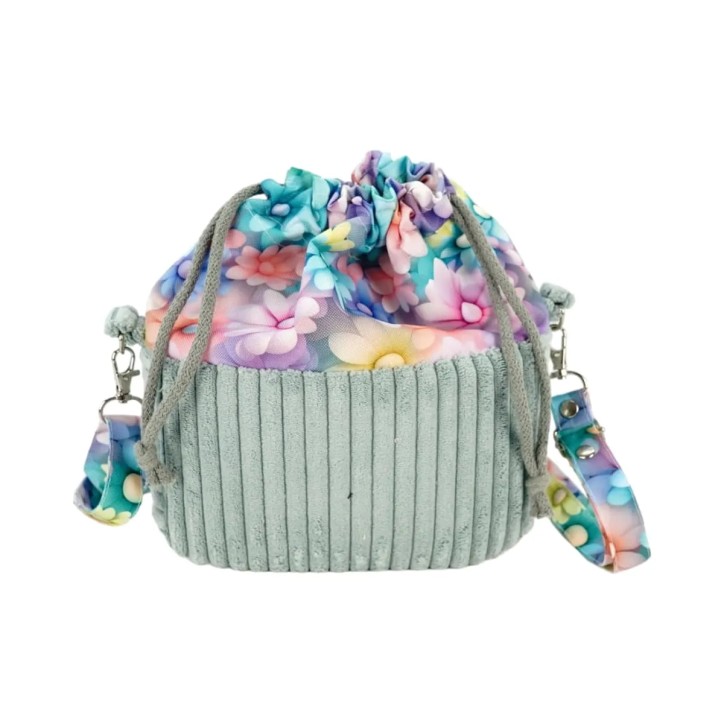 Torebka Sakiewka Sztruksowa Zielona z Motywem Pastelowych Kwiatów – Handmade Torebka Sakiewka Sztruksowa Zielona z Motywem Pastelowych Kwiatów – Handmade