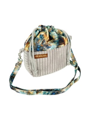 Torebka Sakiewka Sztruksowa Szara z Motywem Kosmicznych Kotów – Handmade