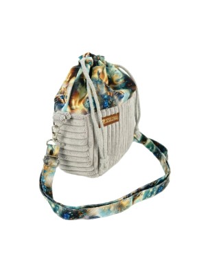 Szycie z pasją|Torebka Sakiewka Sztruksowa Szara z Motywem Kosmicznych Kotów – Handmade|Torebki Małe Sztruksowe|SZYCIE Z PASJĄ