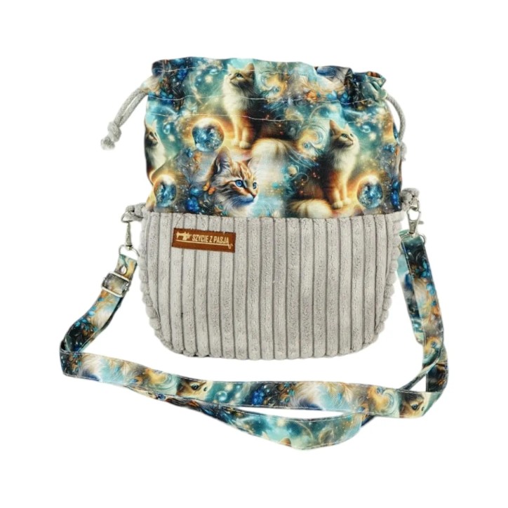 Torebka Sakiewka Sztruksowa Szara z Motywem Kosmicznych Kotów – Handmade