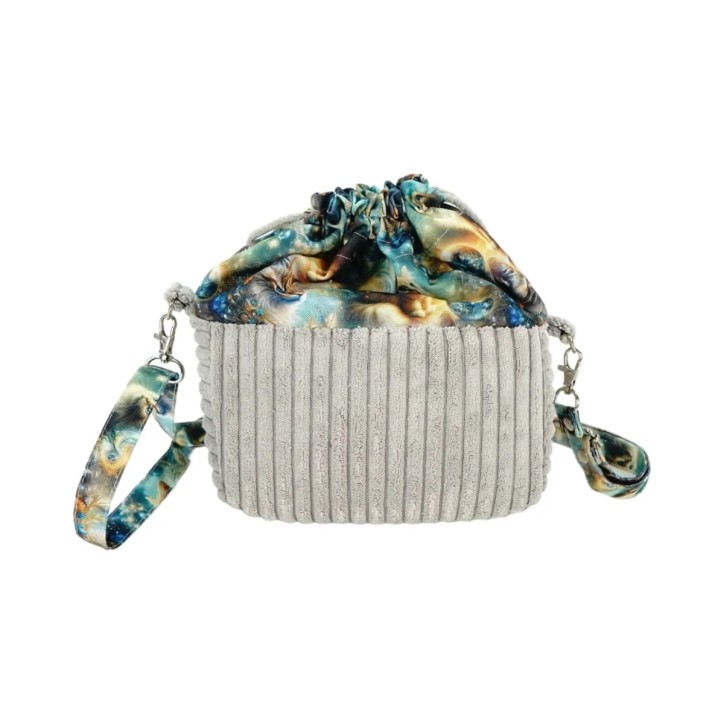 Torebka Sakiewka Sztruksowa Szara z Motywem Kosmicznych Kotów – Handmade