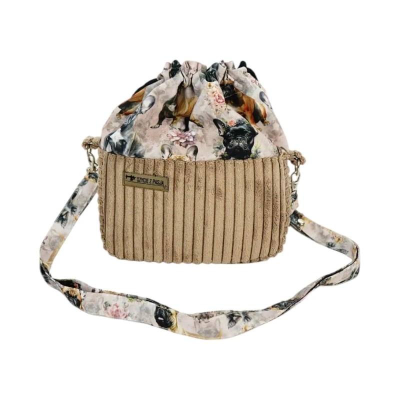rebka Sakiewka Sztruksowa Brązowa z Motywem Buldogi Francuskie  – Handmade