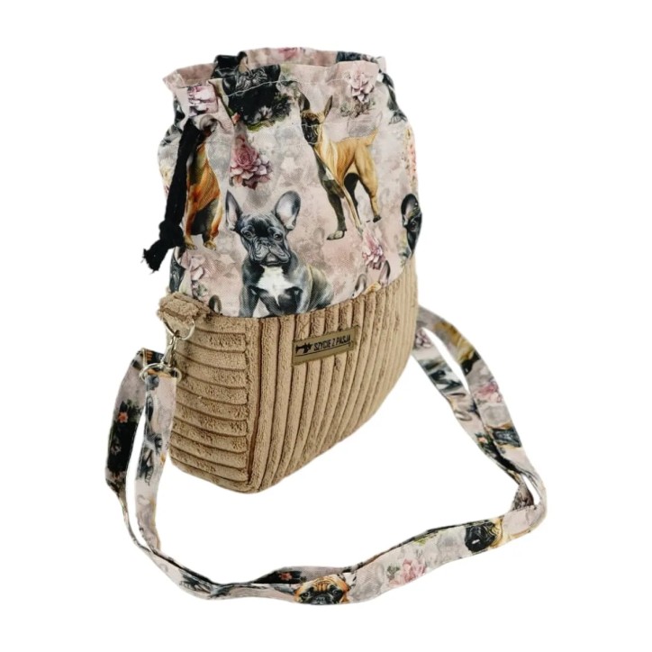 Torebka Sakiewka Sztruksowa Brązowa z Motywem Buldogi Francuskie  – Handmade
