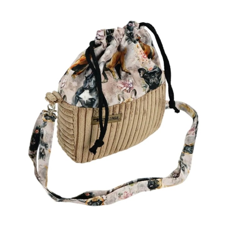 Torebka Sakiewka Sztruksowa Brązowa z Motywem Buldogi Francuskie  – Handmade