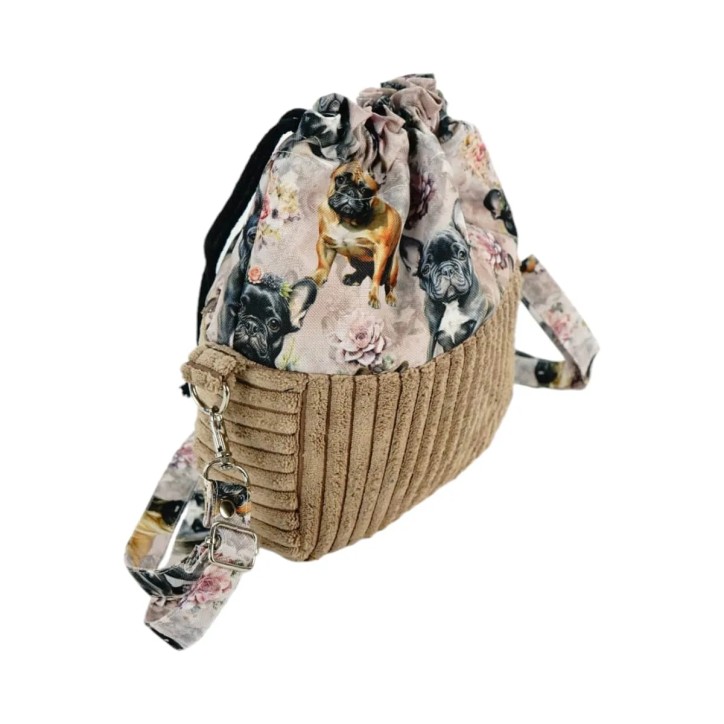 Torebka Sakiewka Sztruksowa Brązowa z Motywem Buldogi Francuskie  – Handmade