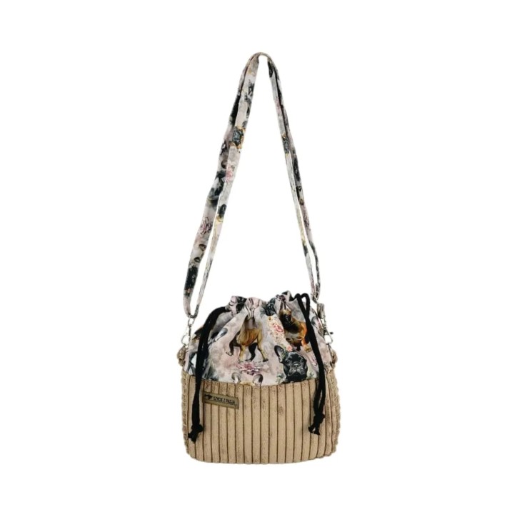 Torebka Sakiewka Sztruksowa Brązowa z Motywem Buldogi Francuskie  – Handmade