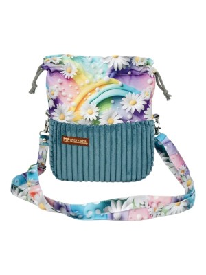 Torebka Sakiewka Sztruksowa Morska z Motywem Tęczy i Stokrotek – Handmade