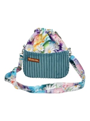 Torebka sakiewka handmade z miękkiego sztruksu i kolorowego materiału w stokrotki i tęczę