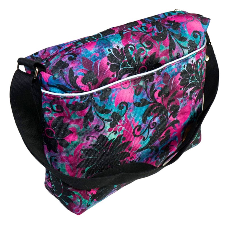 Torebka Floral Harmony pokazana z boku, z białą lamówką przy przedniej kieszeni