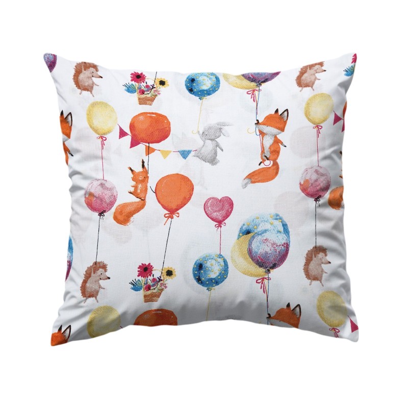 Bawełniana poszewka 40 × 40 cm z kolorowymi balonami i zwierzakami, m.in. lisem i jeżem