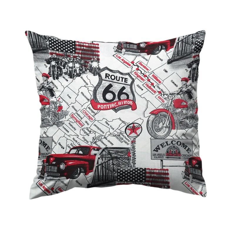 Bawełniana poszewka z mapą i motywami Route 66, amerykańskimi flagami oraz czerwonymi samochodami