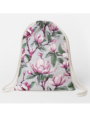 Szycie z pasją|Plecak Worek Bawełniany dla dzieci 35x45 - Wzór Magnolii na Szarym Tle|Worki do przedszkola|SZYCIE Z PASJĄ