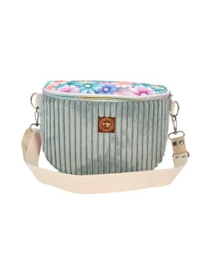 Szycie z pasją|Torebka-Nerka Sztruksowa Miętowa z motywem pastelowych kwiatów – handmade|Torebko Nerki Sztruksowe|SZYCIE Z PASJĄ