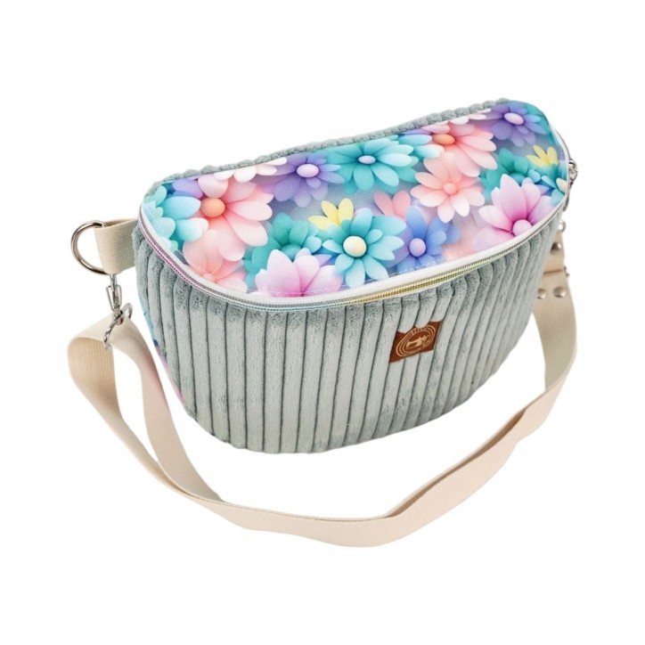 Torebka-Nerka Sztruksowa Miętowa z motywem pastelowych kwiatów – handmade