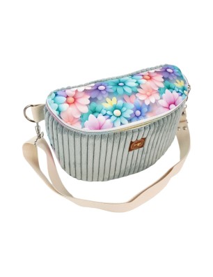 Szycie z pasją|Torebka-Nerka Sztruksowa Miętowa z motywem pastelowych kwiatów – handmade|Torebko Nerki Sztruksowe|SZYCIE Z PASJĄ