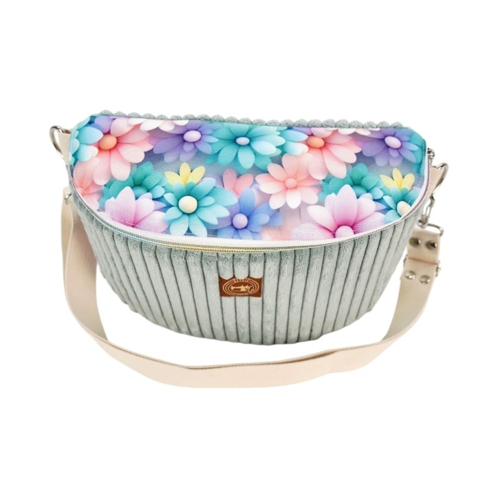 Torebka-Nerka Sztruksowa Miętowa z motywem pastelowych kwiatów – handmade