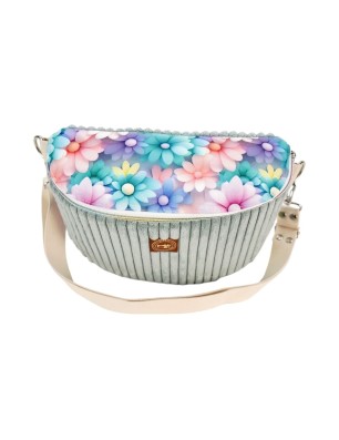 Szycie z pasją|Torebka-Nerka Sztruksowa Miętowa z motywem pastelowych kwiatów – handmade|Torebko Nerki Sztruksowe|SZYCIE Z PASJĄ