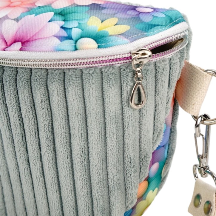 Torebka-Nerka Sztruksowa Miętowa z motywem pastelowych kwiatów – handmade