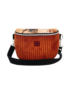 Torebka-Nerka Sztruksowa Brązowa z Motywem Koni – "Konie w Galopie" Handmade