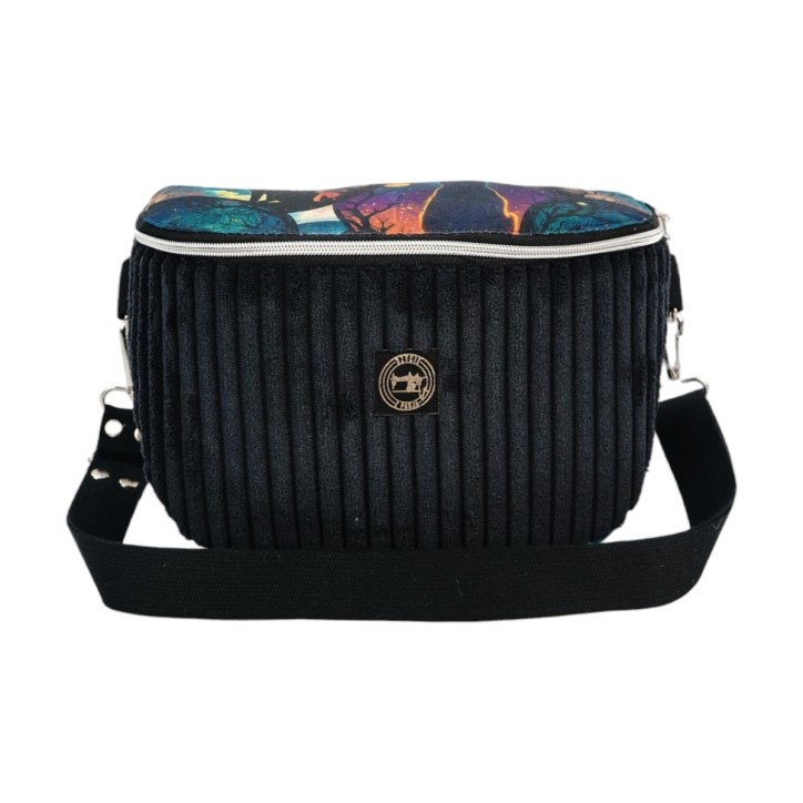 Torebka-Nerka Sztruksowa Czarna z Motywem Kota – Księżycowy Kot - Handmade