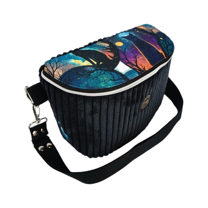 Torebka-Nerka Sztruksowa Czarna z Motywem Kota – Księżycowy Kot - Handmade