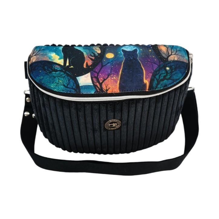 Torebka-Nerka Sztruksowa Czarna z Motywem Kota – Księżycowy Kot - Handmade