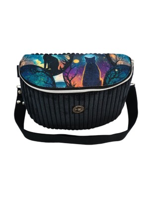 Szycie z pasją|Torebka-Nerka Sztruksowa Czarna z Motywem Kota – Księżycowy Kot - Handmade|Torebko Nerki Sztruksowe|SZYCIE Z PASJĄ