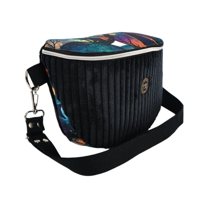 Torebka-Nerka Sztruksowa Czarna z Motywem Kota – Księżycowy Kot - Handmade