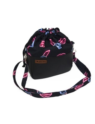 Mała czarna torebka sakiewka handmade z neonowym motywem ust i szminki.