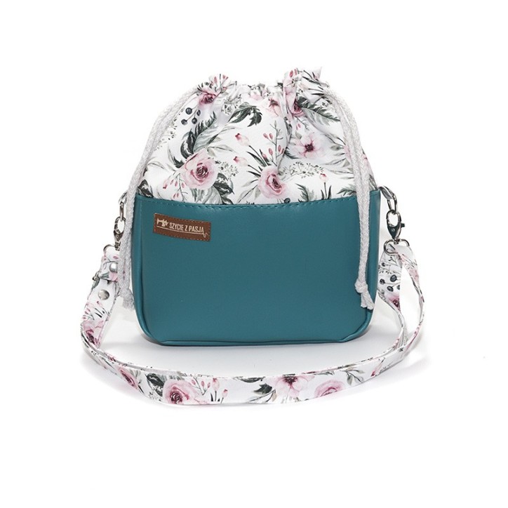 Torebka Sakiewka Turkusowa z Motywem Róż – Handmade