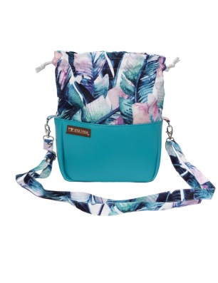 Turkusowa torebka sakiewka handmade z motywem tropikalnych liści