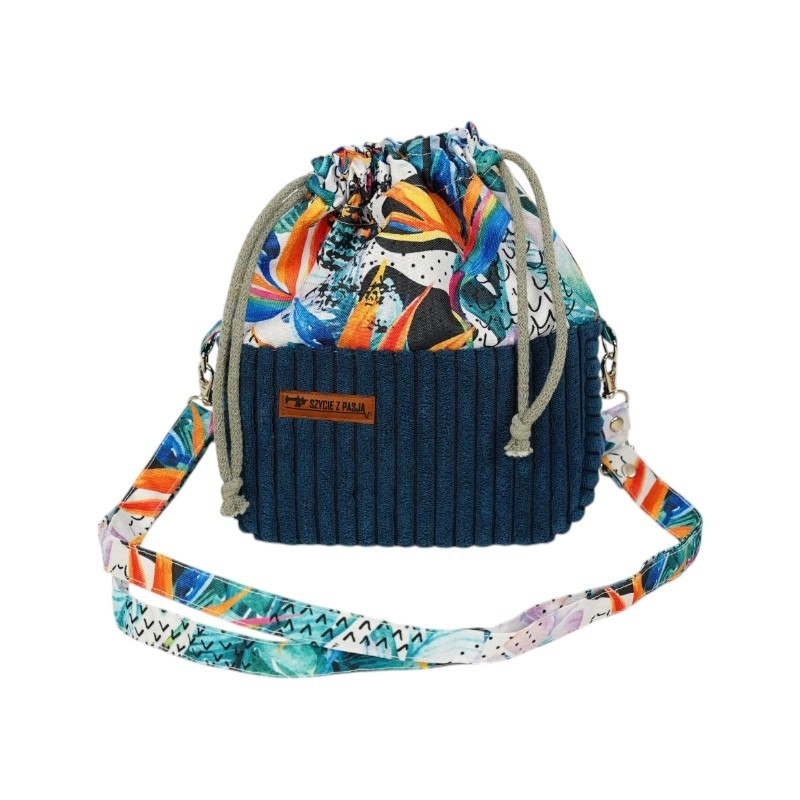 Torebka Sakiewka Sztruksowa Granatowa z Motywem Kolorowa Dżungla – Handmade