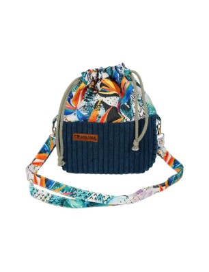 Torebka Sakiewka Sztruksowa Granatowa z Motywem Kolorowa Dżungla – Handmade