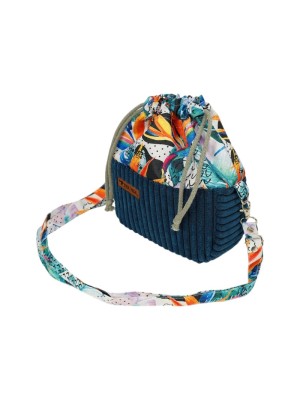 Torebka Sakiewka Sztruksowa Granatowa z Motywem Kolorowa Dżungla – Handmade