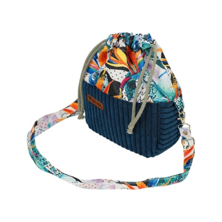 Torebka Sakiewka Sztruksowa Granatowa z Motywem Kolorowa Dżungla – Handmade Torebka Sakiewka Sztruksowa Granatowa z Motywem Kolorowa Dżungla – Handmade