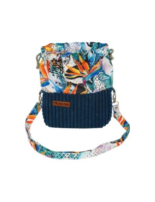 Granatowa torebka sakiewka handmade z miękkiego sztruksu i tkaniny w motyw Kolorowa Dżungla