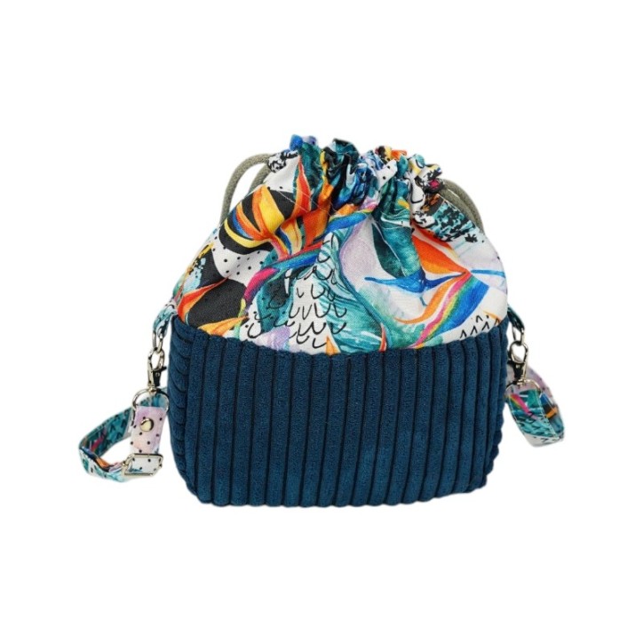 Torebka Sakiewka Sztruksowa Granatowa z Motywem Kolorowa Dżungla – Handmade Torebka Sakiewka Sztruksowa Granatowa z Motywem Kolorowa Dżungla – Handmade