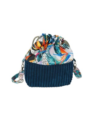 Szycie z pasją|Torebka Sakiewka Sztruksowa Granatowa z Motywem Kolorowa Dżungla – Handmade|Torebki Małe Sztruksowe|SZYCIE Z PASJĄ