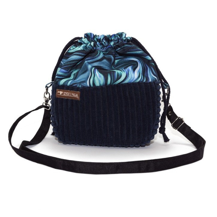 Torebka Sakiewka Sztruksowa Granatowa z Motywem Ebru – Handmade
