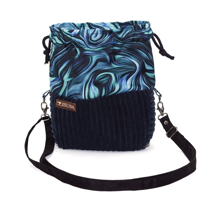 Torebka Sakiewka Sztruksowa Granatowa z Motywem Ebru – Handmade