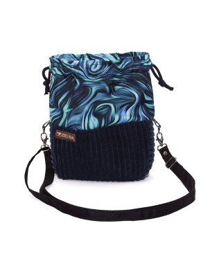 Granatowa torebka sakiewka handmade z miękkiego sztruksu i tkaniny we wzór Ebru