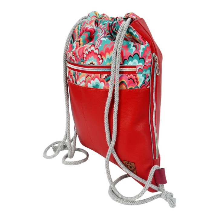 Worko-Plecak Czerwony z Motywem Fal – Handmade z Ukrytą Kieszenią na Zamek