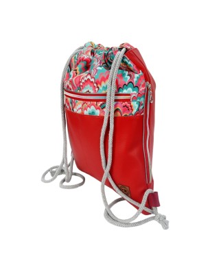 Worko-plecak handmade z czerwonej ekoskóry i tkaniny w motyw fal