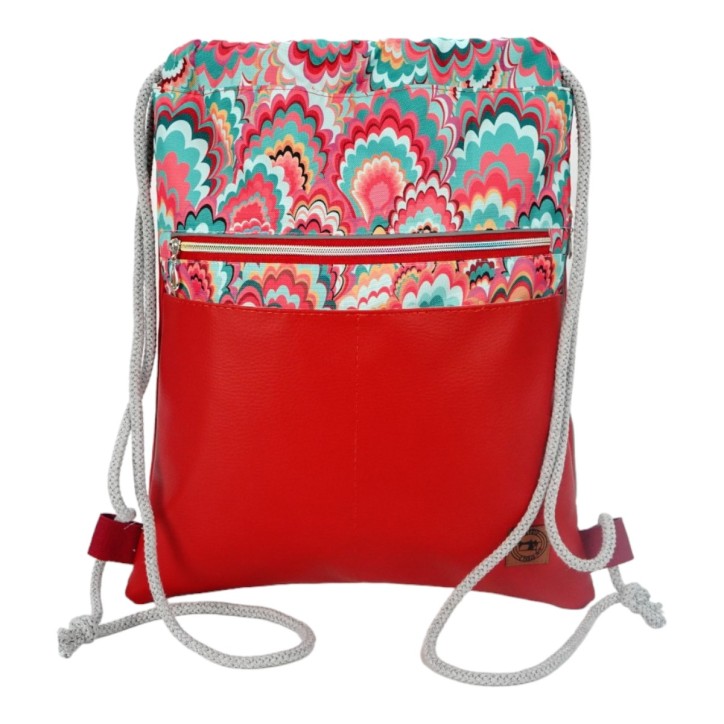 Worko-Plecak Czerwony z Motywem Fal – Handmade z Ukrytą Kieszenią na Zamek