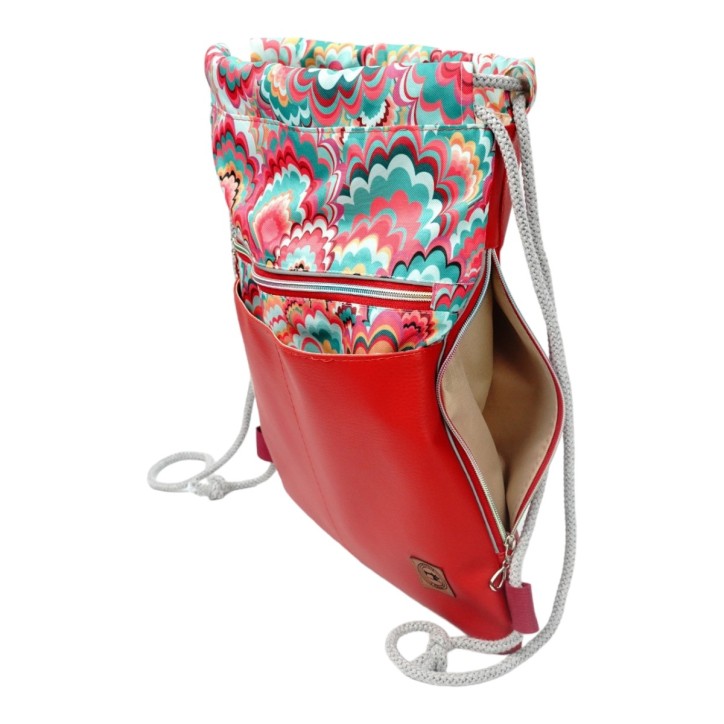 Worko-Plecak Czerwony z Motywem Fal – Handmade z Ukrytą Kieszenią na Zamek