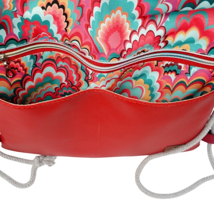 Worko-Plecak Czerwony z Motywem Fal – Handmade z Ukrytą Kieszenią na Zamek