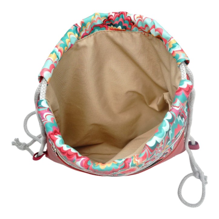 Worko-Plecak Czerwony z Motywem Fal – Handmade z Ukrytą Kieszenią na Zamek